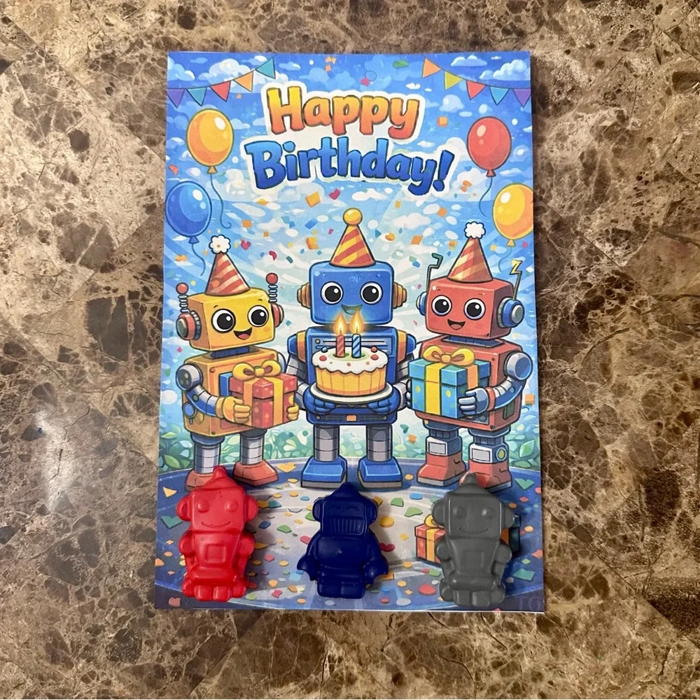 Handmade Robot Themed Crayon Birthday Card NEW